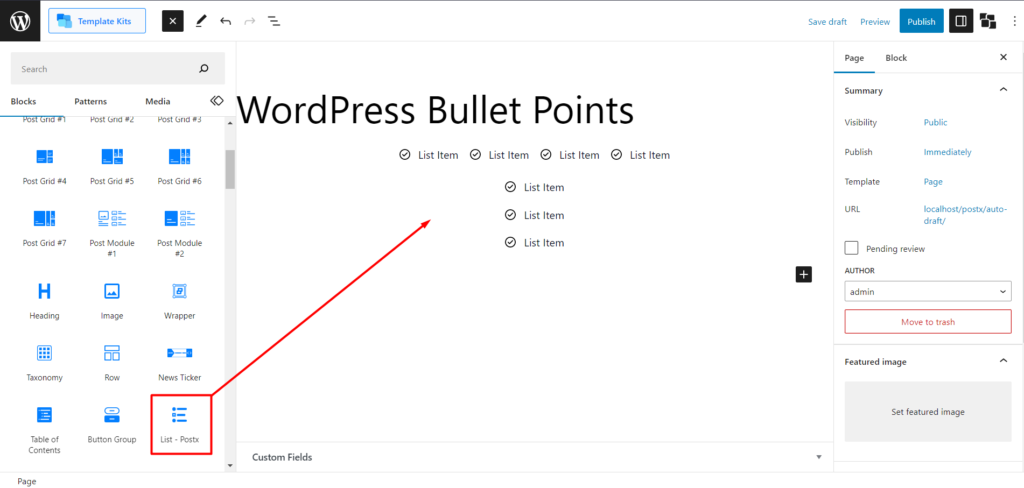 วิธีการสร้าง WordPress Bullet Points ด้วย PostX Advanced List Block 3 Adding List Block