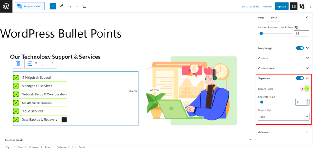 วิธีสร้าง WordPress Bullet Points ด้วย PostX Advanced List Block 10 Separator Settings