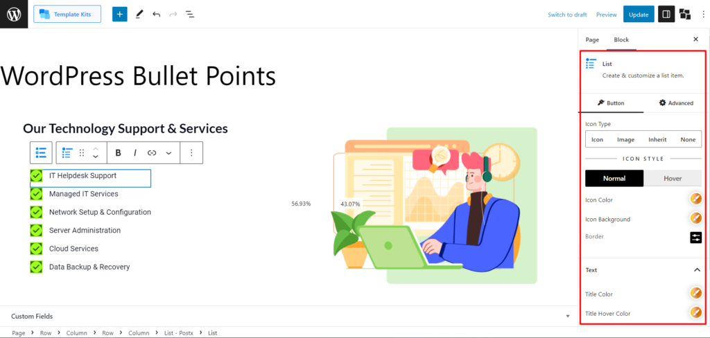 วิธีสร้าง Bullet Points ของ WordPress ด้วย PostX Advanced List Block 11 Single Bullet Customization Settings