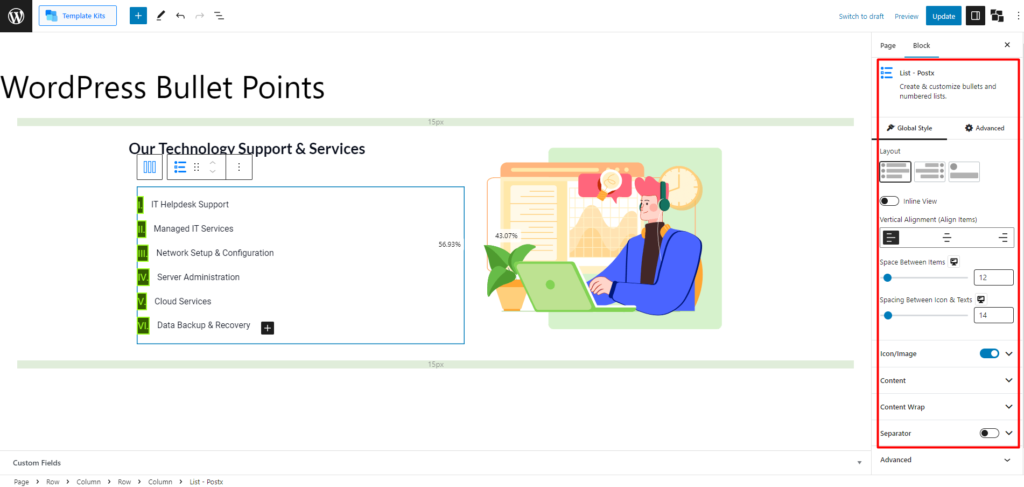 วิธีสร้าง Bullet Points ของ WordPress ด้วย PostX Advanced List Block 5 List Block Customization Settings