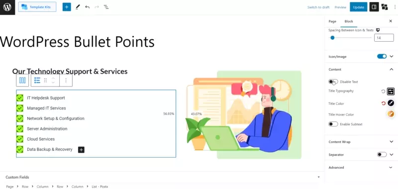 วิธีการสร้าง WordPress Bullet Points ด้วย PostX Advanced List Block 8 Content Settings - List Block