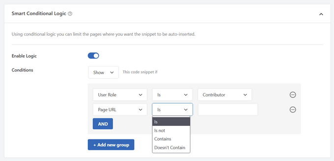 WPCode 스마트 조건부 논리 WPCode Smart Conditional Logic