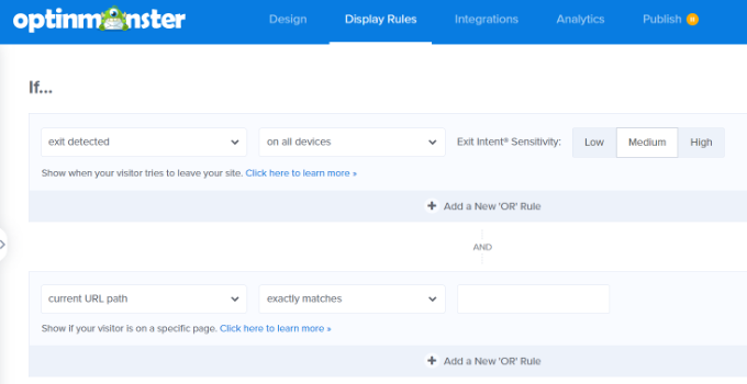 이탈 의도 표시 규칙의 정확한 URL을 입력하세요. Enter exact URL for exit intent display rule