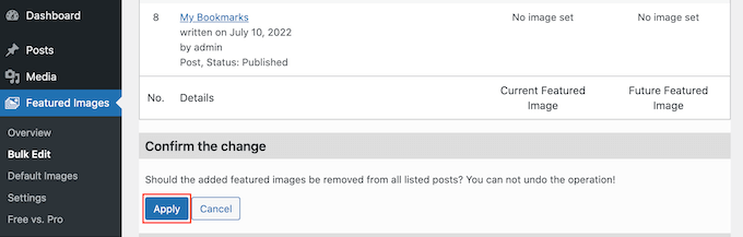 Menerapkan pengeditan massal ke gambar unggulan Anda di WordPress Applying the bulk edit to your featured image in WordPress