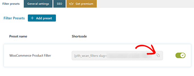 필터 사전 설정의 단축 코드 복사 Copy the shortcode for the filter preset