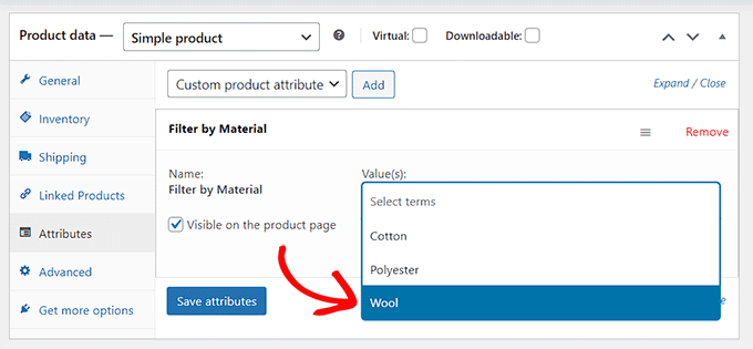 제품에 대한 속성 용어 추가 Add an attribute term for the product