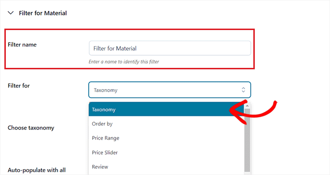드롭다운 메뉴에 대한 필터에서 분류 옵션을 선택합니다. Choose taxonomy option from the filter for dropdown menu