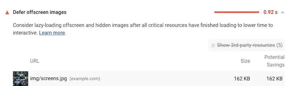 Google Lighthouse afișează valoarea Amânare imagini în afara ecranului, completă cu timpul necesar pentru a încărca acele imagini.