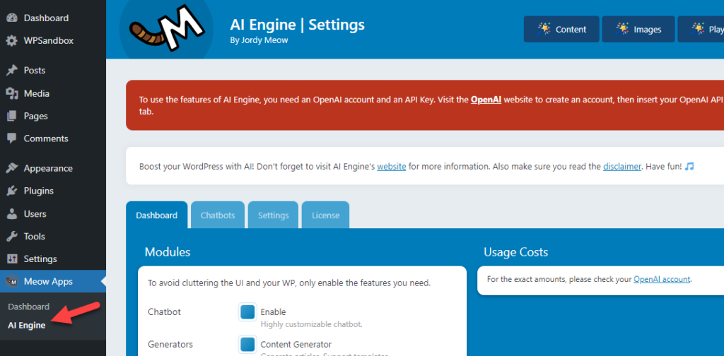 configuración del complemento del motor ai