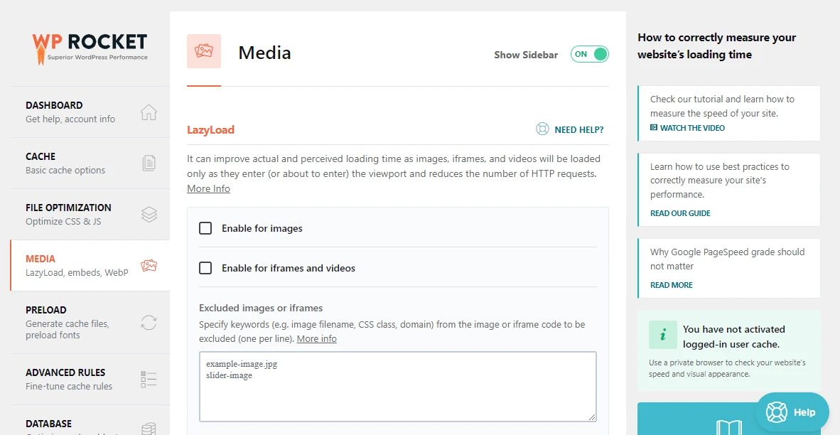La pestaña Medios en WP Rocket, donde puede usar ancho y alto explícitos en los elementos de la imagen.