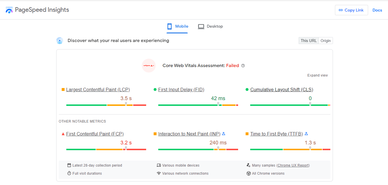 Evaluación de Core Web Vitals en PageSpeed Insights.