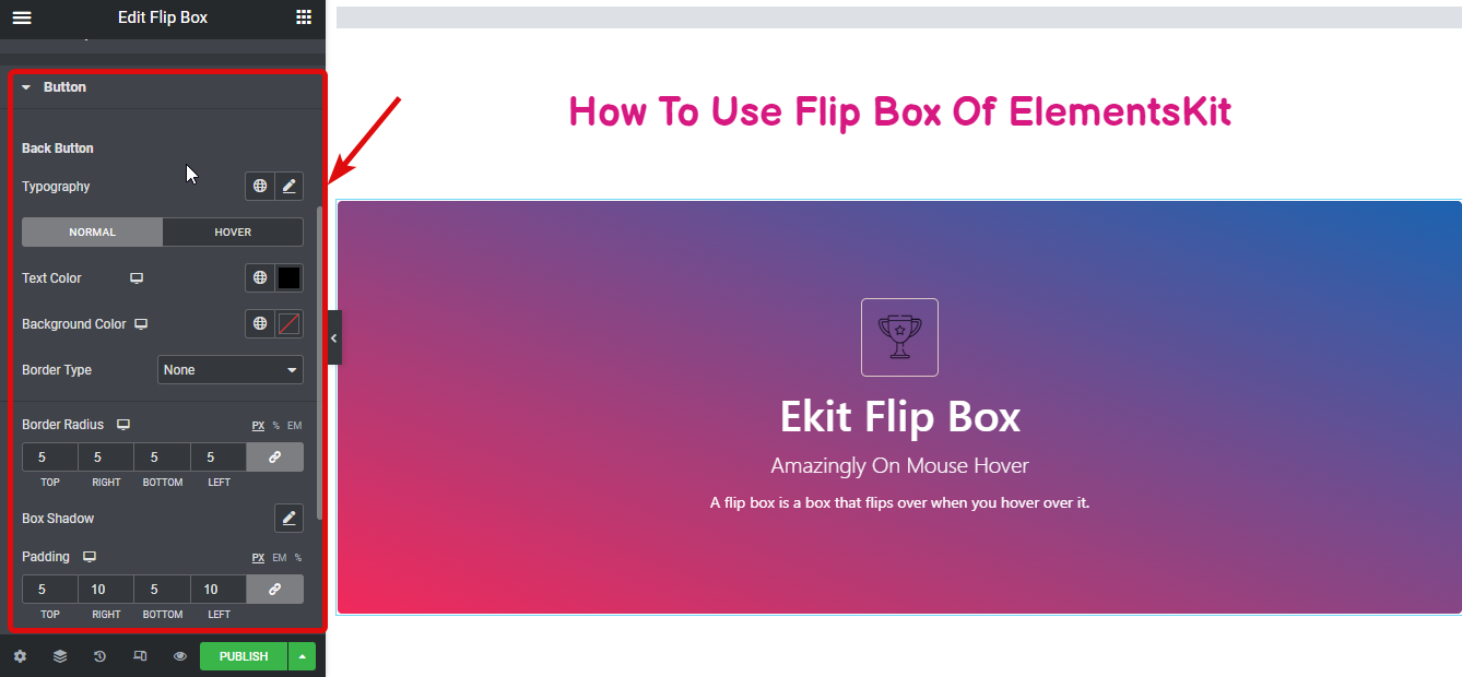 إعدادات مربع قلب نمط الزر- كيفية إنشاء تراكبات Flipbox وتحوم في WordPress