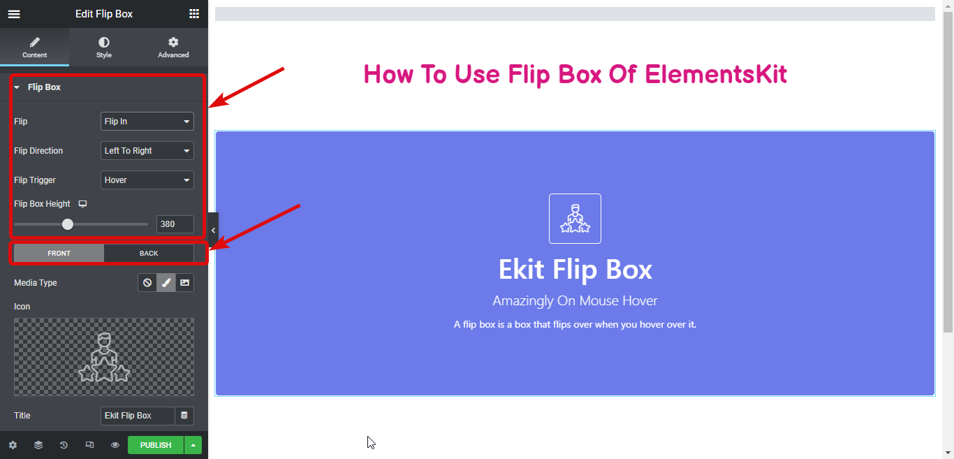 مجموعة عناصر إعدادات مربع الوجه - كيفية إنشاء تراكبات Flipbox وتحوم في WordPress