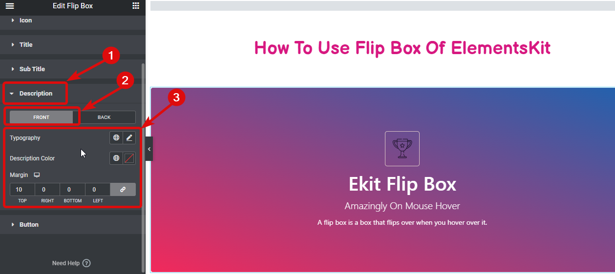 إعدادات مربع نمط الوصف - كيفية إنشاء تراكبات Flipbox وتحوم في WordPress