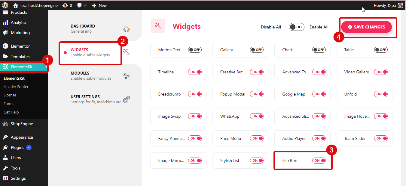 تمكين أداة flip box من مجموعة Elements - كيفية إنشاء Flipbox Overlays وتحوم في WordPress