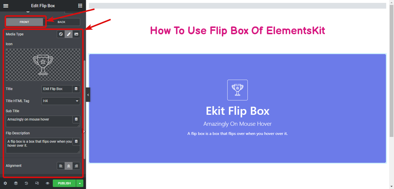 الجانب الأمامي من flip box - كيفية إنشاء تراكبات Flipbox وتحوم في WordPress