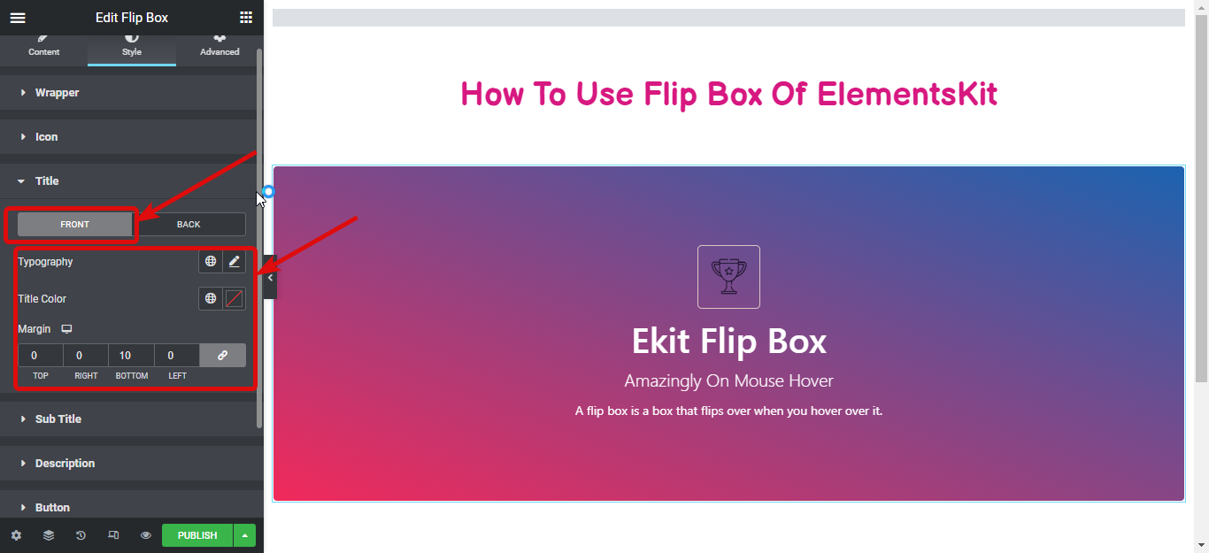 إعدادات مربع فليب بنمط العنوان- كيفية إنشاء تراكبات Flipbox وتحوم في WordPress