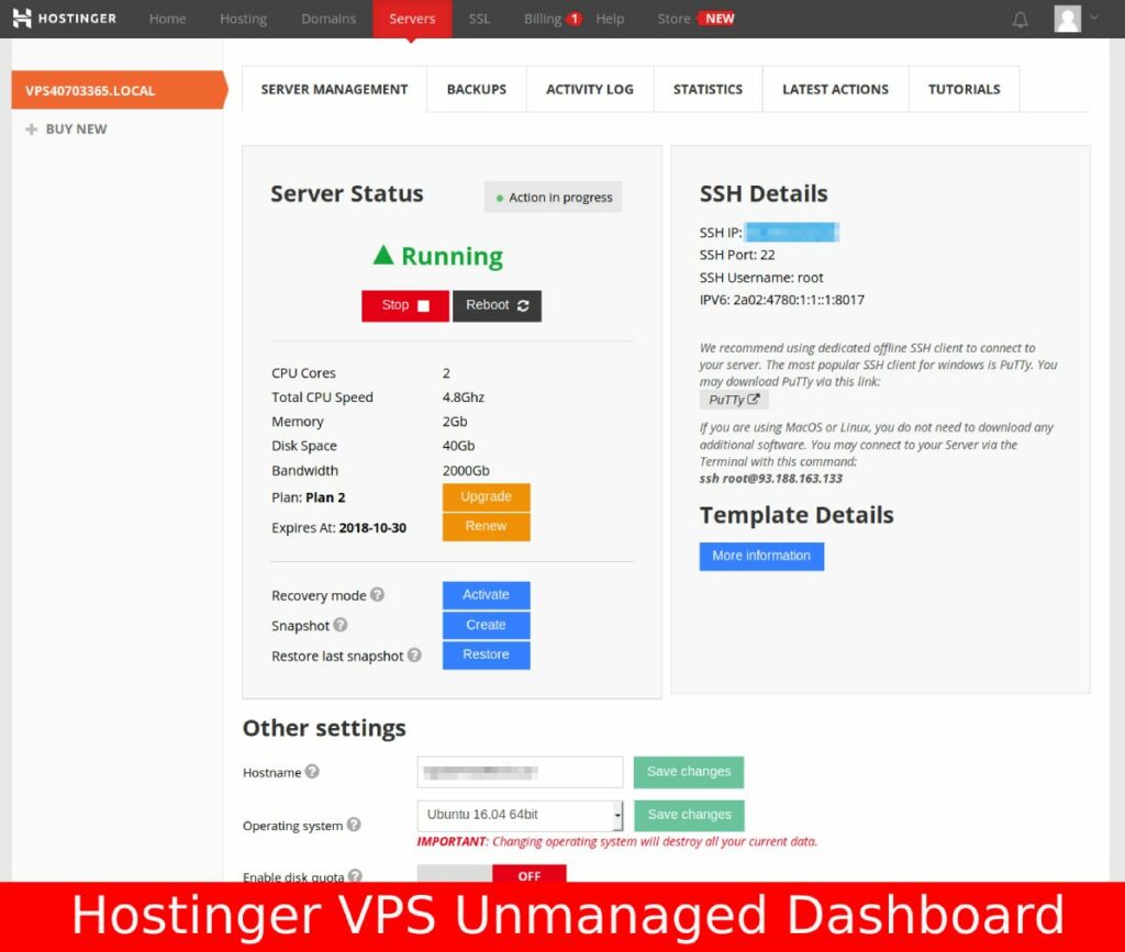 Dasbor VPS Hostinger