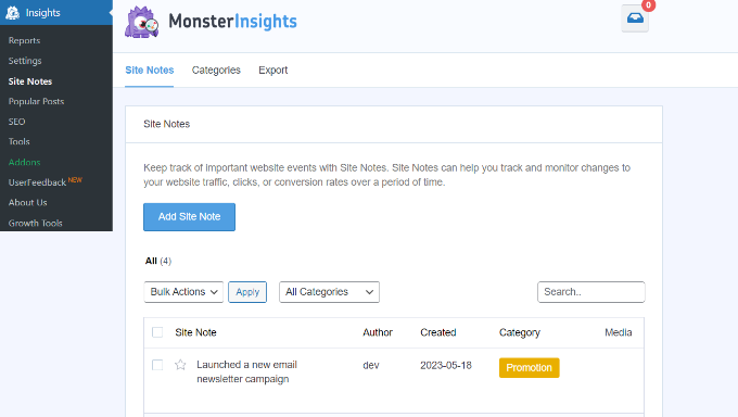 管理站點註釋 Manage site notes
