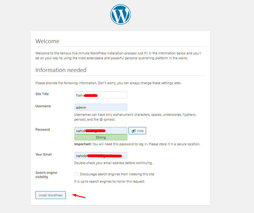 На этом изображении показана часть настройки установки WordPress.