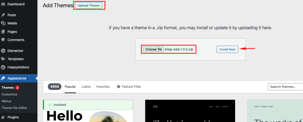 Загрузка ZIP-файла темы на сайт WordPress