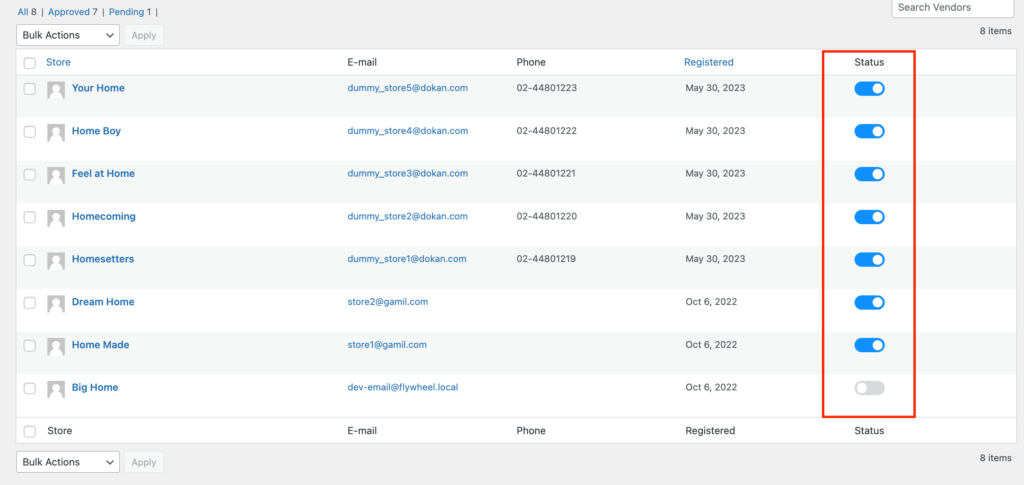 วิธีสร้างตลาดร้านหนังสือออนไลน์ใน WordPress 12 This is a screenshot of the vendors Selling Status