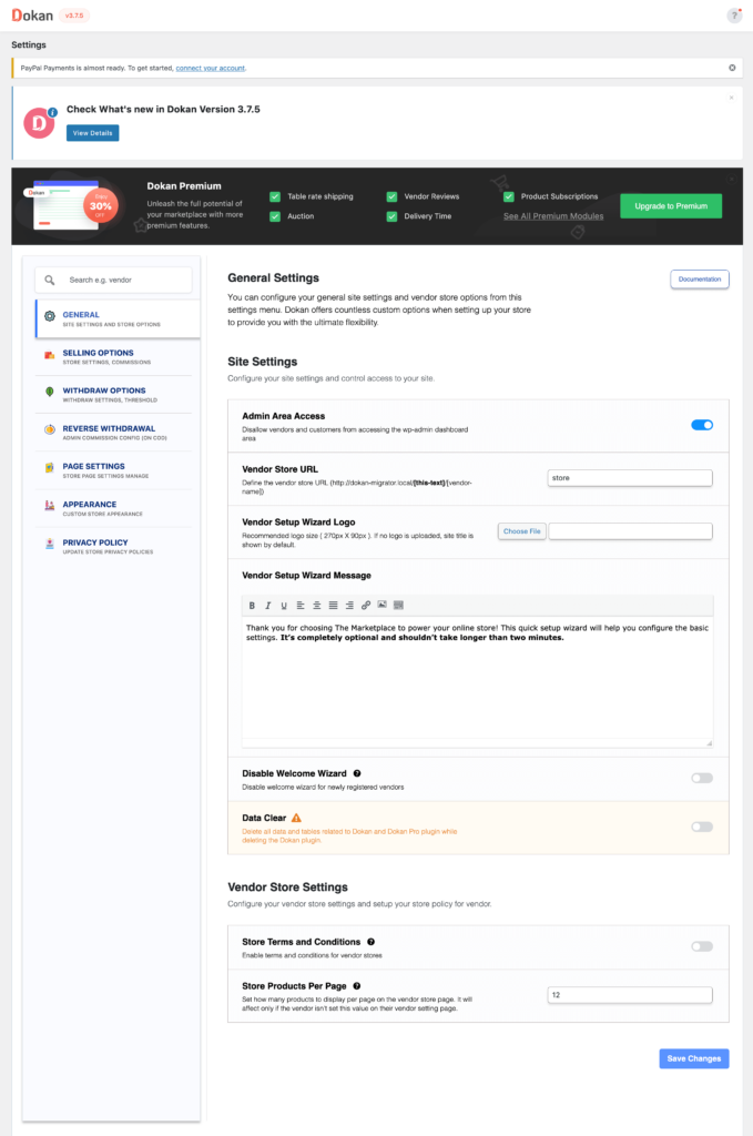 วิธีสร้างตลาดร้านหนังสือออนไลน์ใน WordPress 4 This is a screenshot of Dokan General Settings