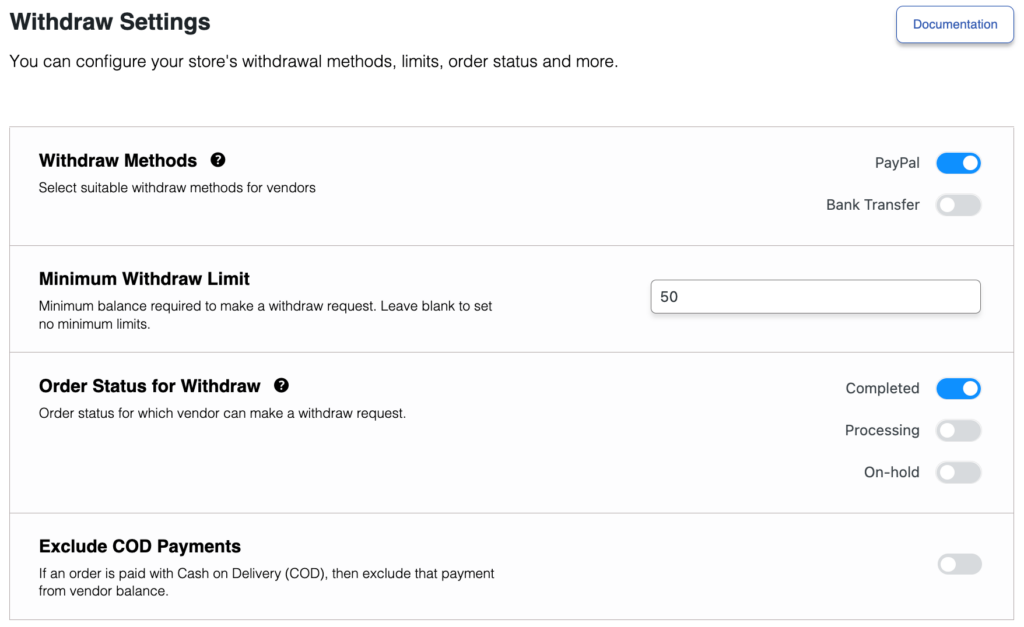 ขั้นตอนง่ายๆ ในการสร้างตลาดในฝันของคุณด้วย WordPress 12 This is a screenshot of the dokan withdraw options