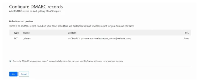 شاشة تكوين سجل DMARC