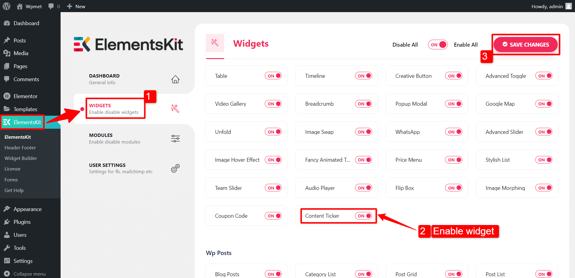 News Ticker în WordPress - Activarea widgetului Content Ticker