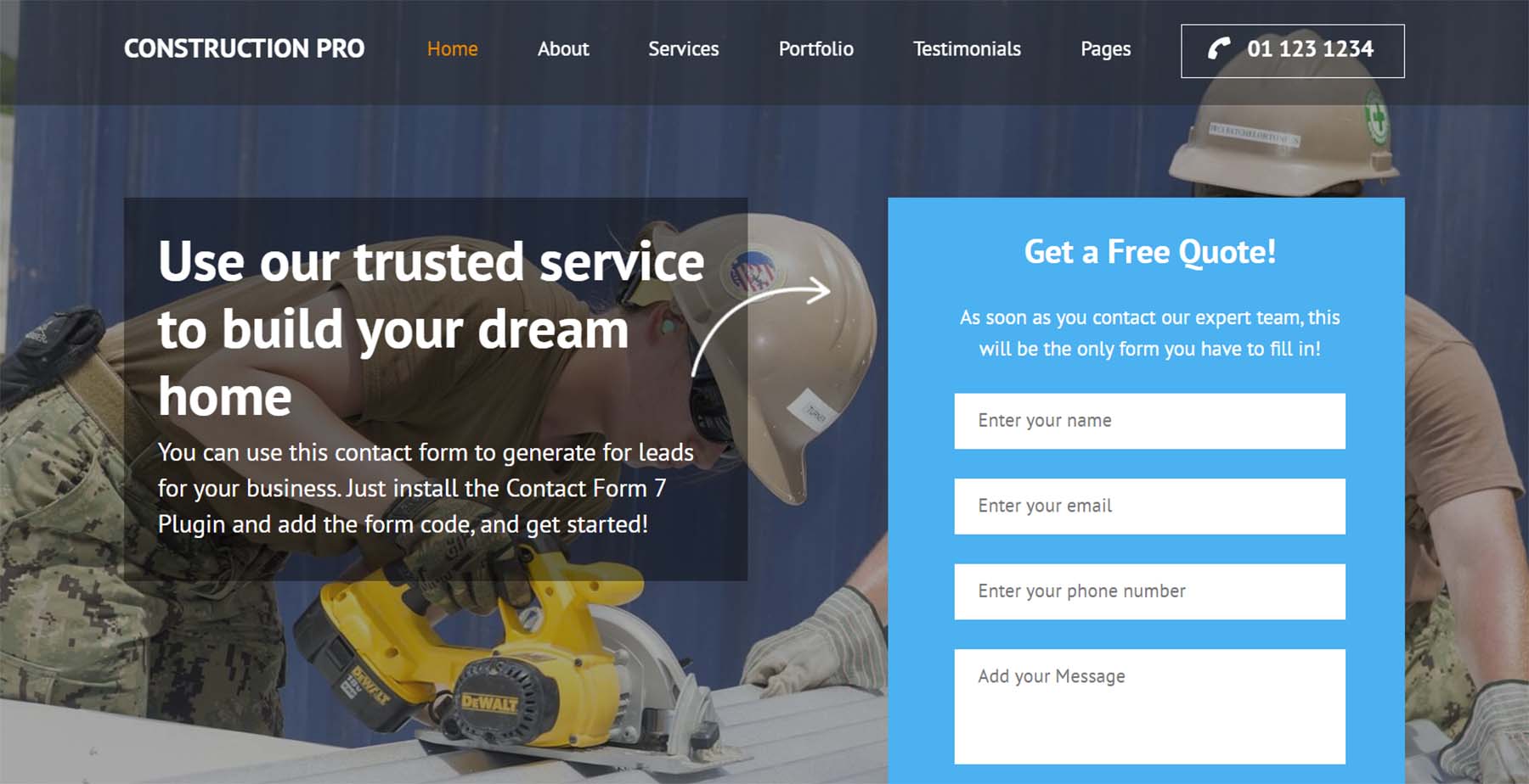 Contruction Landing Page Pro und kostenloses Angebotsformular auf der Homepage