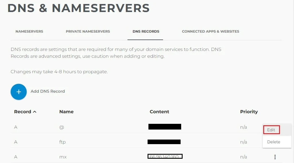 如何在 domain.com 上更新您的 DNS 记录第 3 步