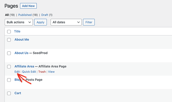 edytuj stowarzyszony obszar strony SeedProd Edit the Affiliate Area page