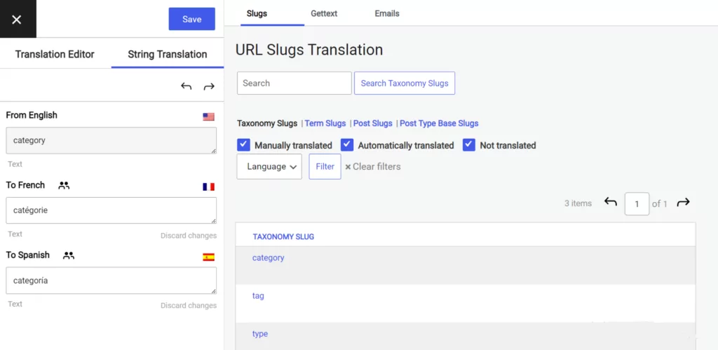 traducción de slug en la interfaz de traducción de cadenas