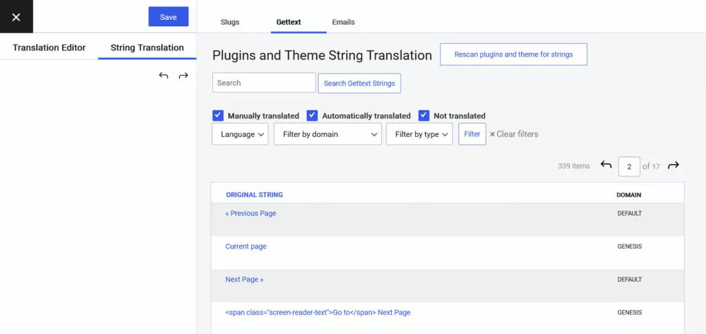 interface de tradução de strings translatepress