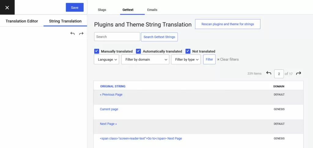 อินเทอร์เฟซการแปลสตริงของ translatepress