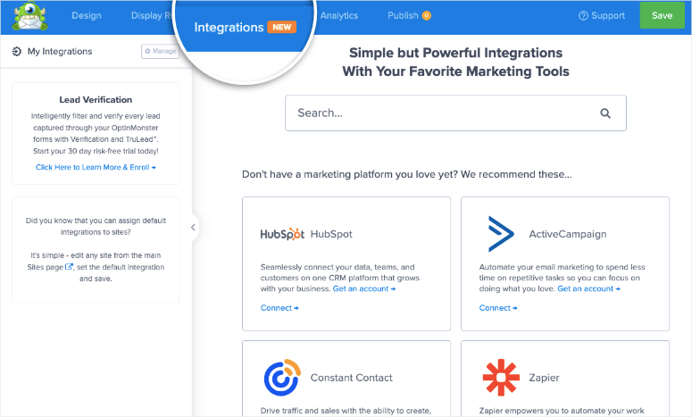 optinmonster の統合タブ - IsItWP - 無料の WordPress テーマ検出ツール integration tab in optinmonster