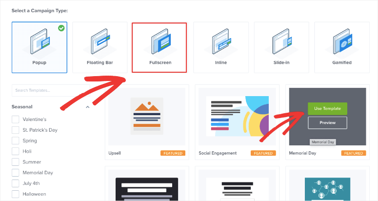 optinmonster でフルスクリーン テンプレートを選択 - IsItWP - 無料の WordPress テーマ ディテクタ choose fullscreen template in optinmonster