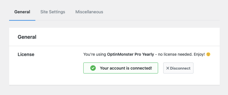 optinmonster ライセンス アカウントが接続されました - IsItWP - 無料の WordPress テーマ検出ツール optinmonster license account connected