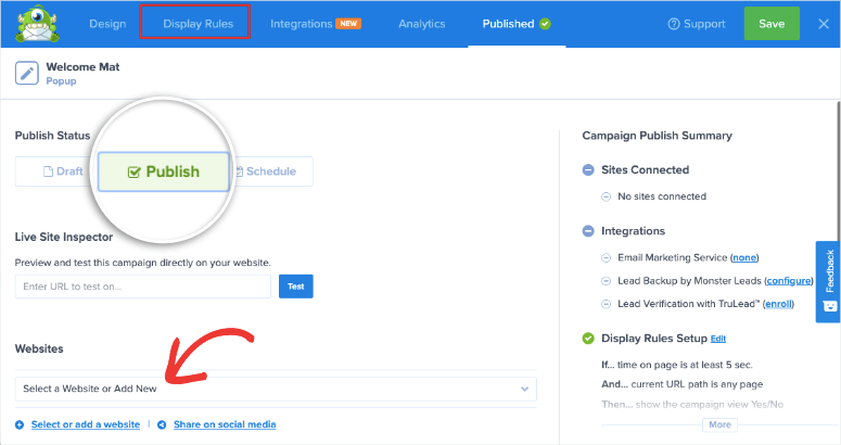 optinmonster キャンペーンを公開 - IsItWP - 無料の WordPress テーマ検出ツール publish optinmonster campaign