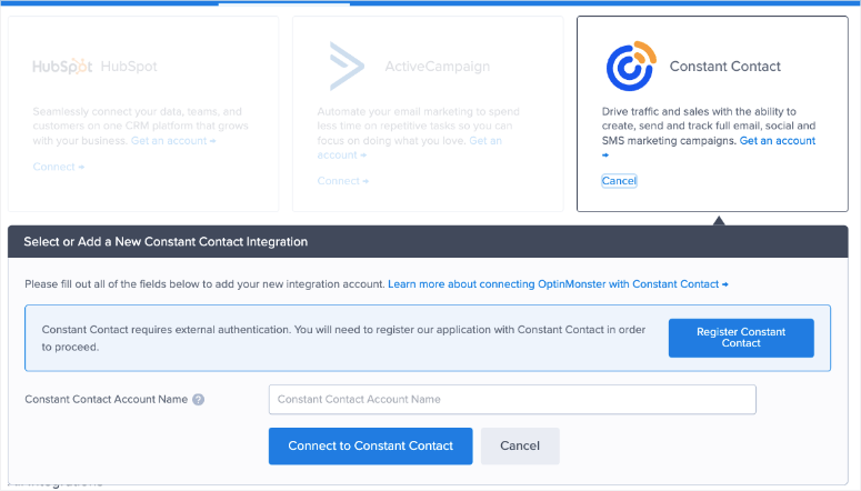 connect optinmonster to constant contact