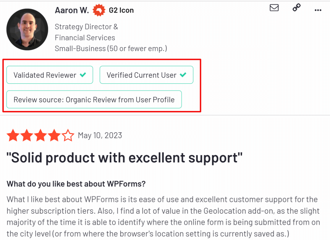 Verified G2 review for WPForms