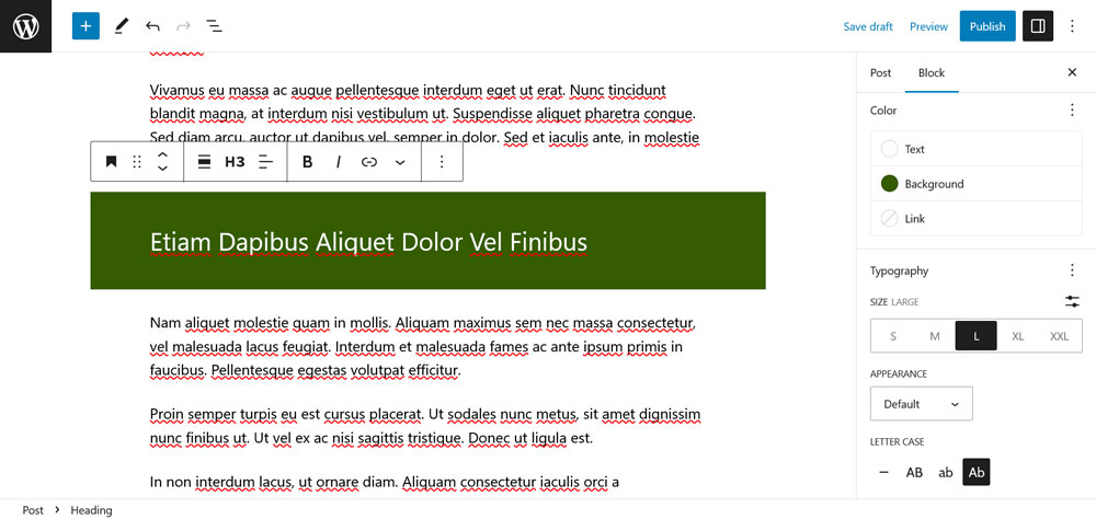 opțiuni de personalizare a blocului gutenberg