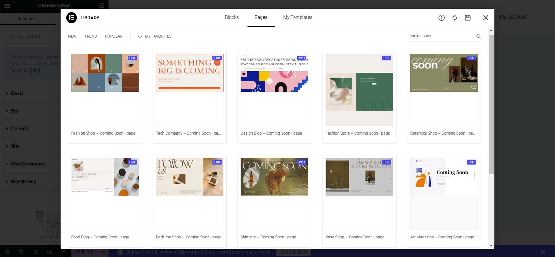 Elementor próximamente galería de plantillas de página