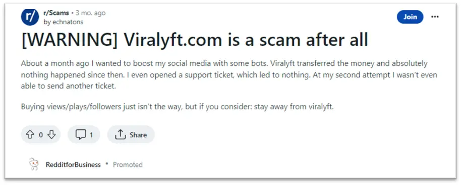 Reddit での Viralyft のレビュー