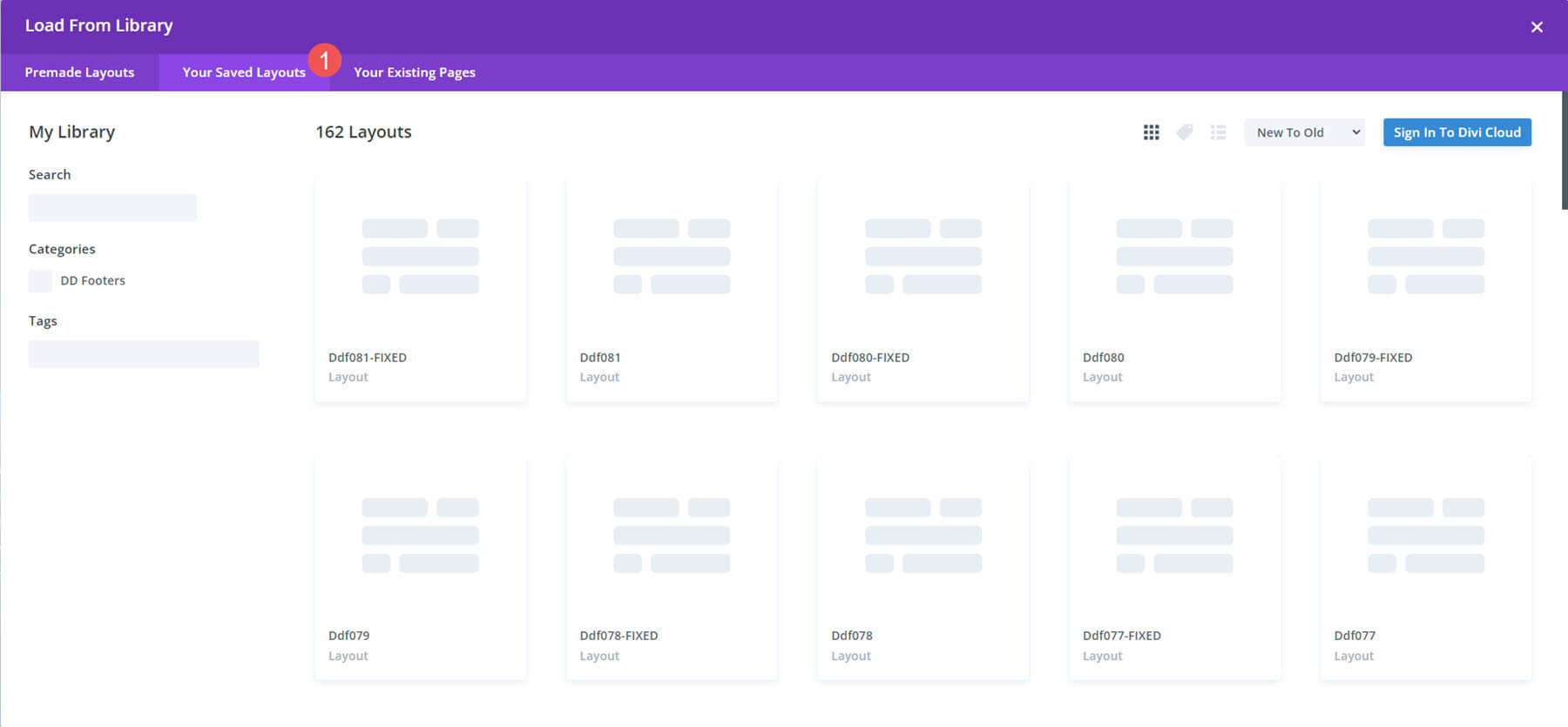 Hochladen von Divi Footers Pack-Layouts