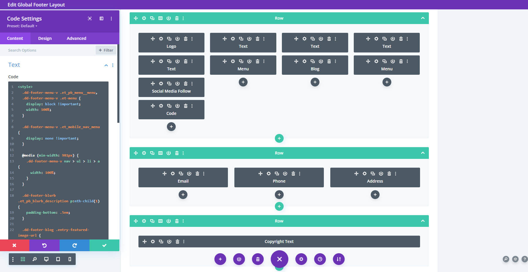 Layouts do pacote de rodapés Divi