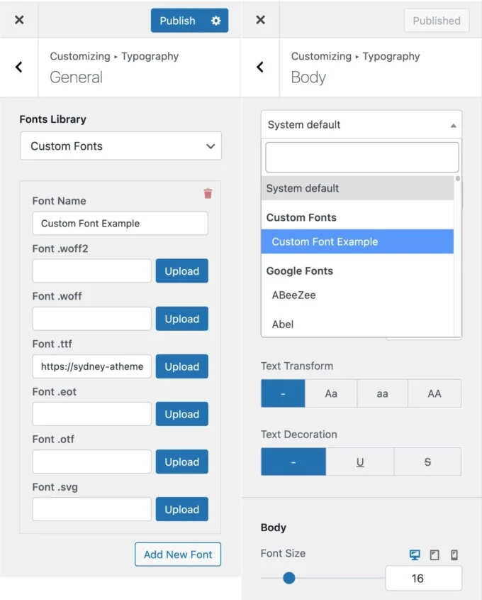 Modulul Fonturi personalizate Sydney Pro