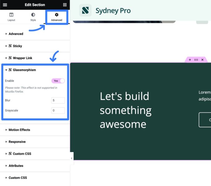 Sydney Pro は Elementor に Glassmorphism オプションを追加します