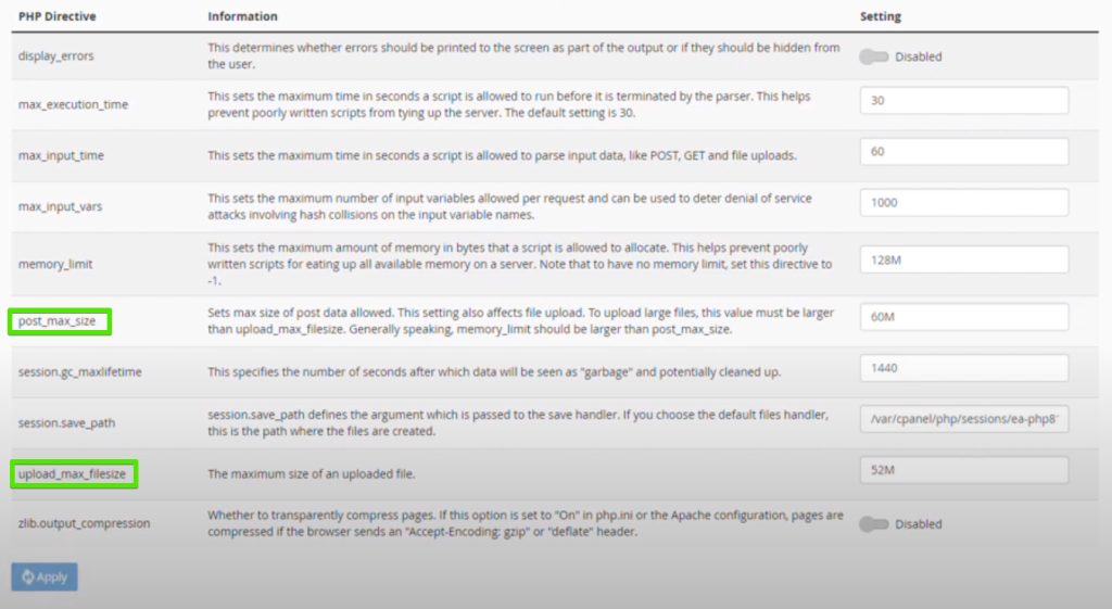 tampilan cPanel - Meningkatkan ukuran file unggahan maksimum melalui cPanel PHP INI